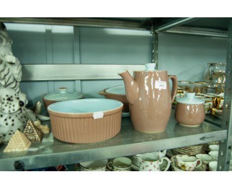 LANGLEY WARE PALE BLUE AND BROWN TEAPOT, SUGAR BASIN, THREE TUREENS AND A MEAT DISH 
