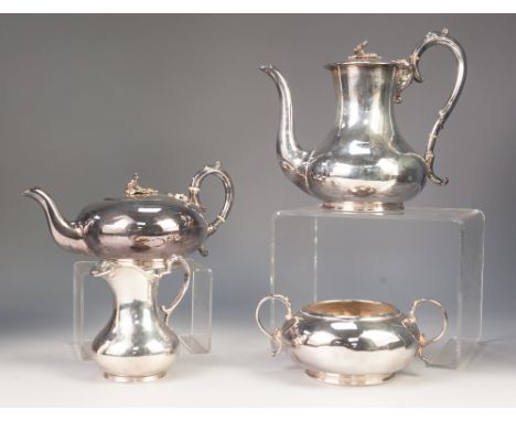 A LATE VICTORIAN/EDWARDIAN ELECTROPLATED FOUR PIECE TEA AND COFFEE SERVICE, the cover with floral knops , ivory spacers to th