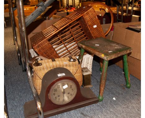 A NAPOLEONS HAT SHAPED MANTEL CLOCK , A WICKER BASKET AND A BAG AND A WOODEN SMALL STOOL 