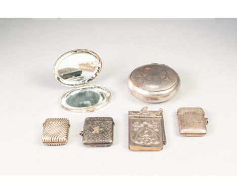 THREE SILVER PLATED VESTA CASES, A WHITE METAL DISC SHAPED TOBACCO BOX, an Aide Memoire and a  LADY'S WHITE METAL HANDBAG MIR