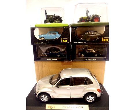 1:43 scale vehicles; IXO Tatra 603 and Volga Minichamps, Auto Union (x2) Hachette Tractors (x2) all boxed, and a 1:18 scale M