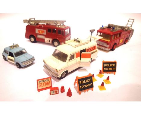 Four Police/Fire related Dinky Toys transit van with cones/signs etc and a Mini Clubman Merriweather Marquis and ERF fire ten