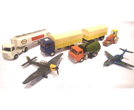 Six playworn/unboxed Dinky Toys, Esso tanker, Mercedes and trailer, road sweeper, road roller, Stuka with Bomb and Hawker Sid