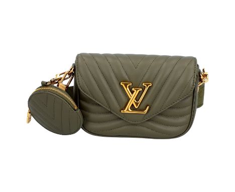 LOUIS VUITTON Umhängetasche "NEW WAVE - MULTI POCHETTE". Koll. 2020. Akt. NP.: 2.000,-€. Gestepptes Leder in Khakifarben mit 