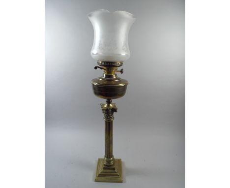 A Brass Corinthian Column Oil Lamp with Etched Shade 