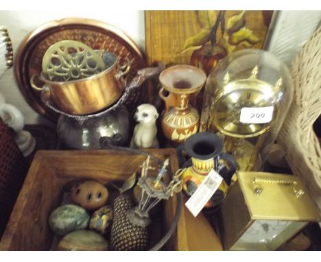 A Tray of Treen Ware, Pillar Clock, Carriage Clock, Metal Ware etc