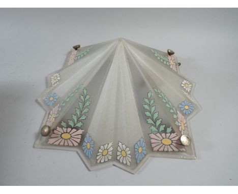A Pretty Art Deco Ceiling Glass Lamp Shade with Painted Floral Decoration