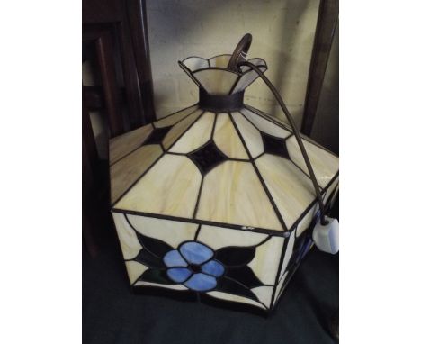 A Large Hexagonal Tiffany Style Ceiling Light Shade with Floral Decoration 