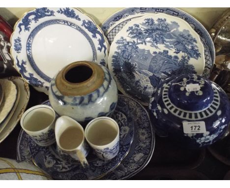 A Tray of Blue and White China to Include Two Ginger Jars, Plates Copeland Spode Italian etc