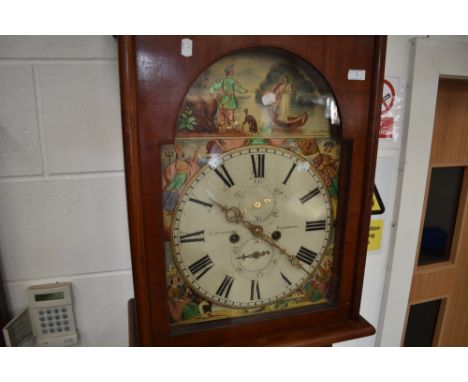 A 19th Century bleached mahogany longcase clock having painted dial depicting 'Lady of the Lake' , 8 day movement, named for 