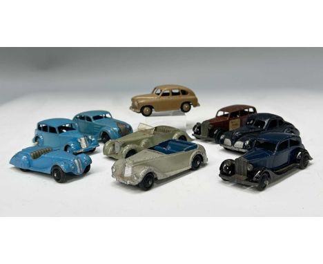 A collection of nine Dinky Toys: a Chrysler Airflow 30A, bright blue, silver radiator grille; Rolls-Royce Coupe 30B, dark blu