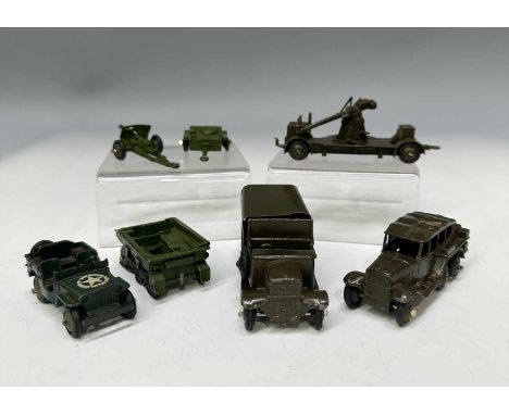 A collection of pre-WWII and later Dinky Toys: Morris 1934 6-wheel staff car 152B, olive green with black chassis, approx 8.5