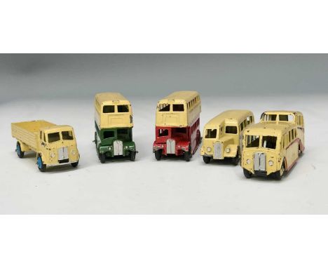 A collection of five Dinky Toys large vehicles; AEC Regent Double Decker Bus 29C, bright red and yellow-cream with silver rad