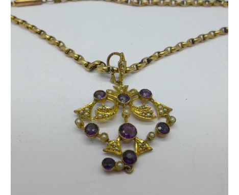 A 9ct gold amethyst and seed pearl pendant and chain, 10g