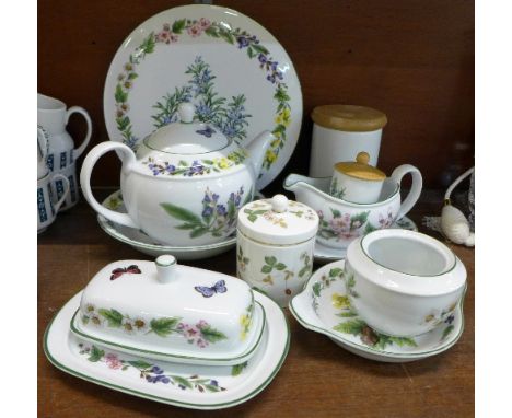 Royal Worcester Herbs china, including a large teapot, cake plate, butter dish and jars (11)