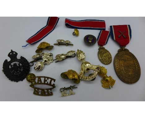 A John Chard medal, miniature medals and badges, etc., including a silver and enamel Sappers badge