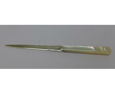 A silver and mother of pearl letter opener, Sheffield 1928
