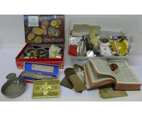 Assorted items; two AA badges, a Hohner Marine Band harmonica, lighters, penknives, costume jewellery, a carving, metal figur