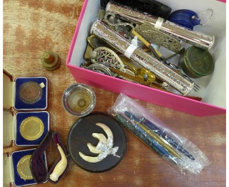 Pens, silver plate, medallions, pipe, etc.