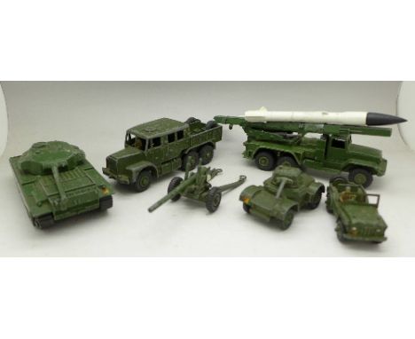 A Dinky Supertoys Centurion Tank, a Medium Artillery Tractor, Missile Carrier with missile and two other military vehicles
