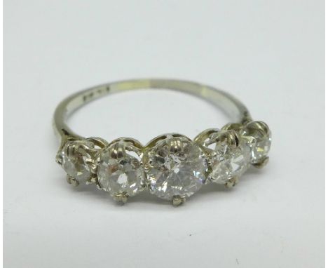 An 18ct gold, old cut diamond five stone ring, c.1920's, 1.60 carat diamond weight, 2.4g, N