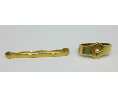 A J.W. Benson yellow metal scarf clip set with a pearl, boxed and a 9ct gold tie clip, (5.6g and 3.9g)