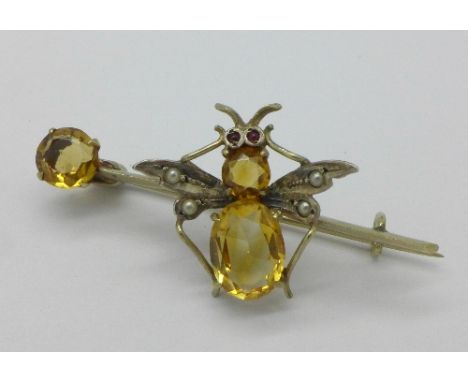 A yellow metal, citrine and pearl insect brooch with cabochon ruby eyes, 3.3g
