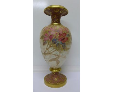 A Doulton Burslem Spanish Ware vase, c.1886-1891, parian body with raised gilt and enamel decoration, with accompanying lette