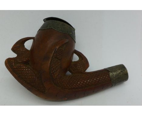 A Victorian silver mounted carved pipe, lacking stem, Birmingham 1898