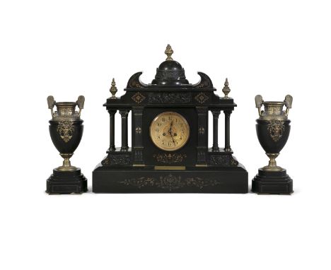 A  VICTORIAN BLACK MARBLE THREE PIECE CLOCK GARNITURE, c.1880, comprising a mantle clock and side urns, of architectural form