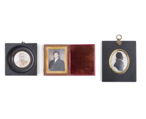 A MIXED COLLECTION OF PORTRAIT MINIATURES, comprising an early Victorian portrait of a gentleman enclosed in a red leather ha