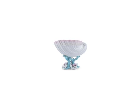 A BELLEEK CORAL AND SCALLOP SHELL STAND, First Period (1863 - 91), in pink, white and turquoise tones, 12cm high
