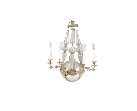 A GILTMETAL AND SILVERED GLASS CEILING LIGHT, 19th century, with spherical boss contained within strapwork bands, with six up