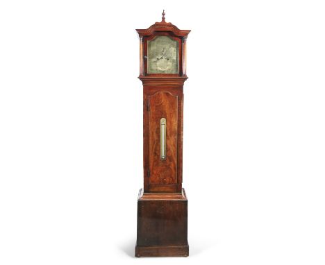 A FINE IRISH MAHOGANY LONGCASE CLOCK BY CHANCELLOR, early 19th century, the arched hood surmounted with a pointed finial, enc