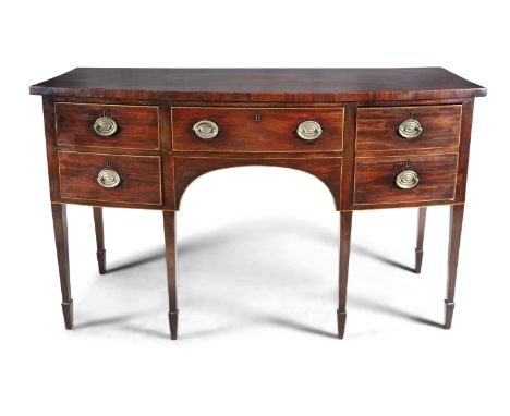 A GEORGE III MAHOGANY BOWFRONT SIDEBOARD, the plain top above central frieze drawer flanked by one decanter drawer, mounted w