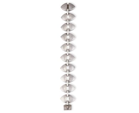 A SILVER BRACELET BY GEORG JENSEN, composed of a continuous row of marquise-shaped links with chain connections, numbered 106