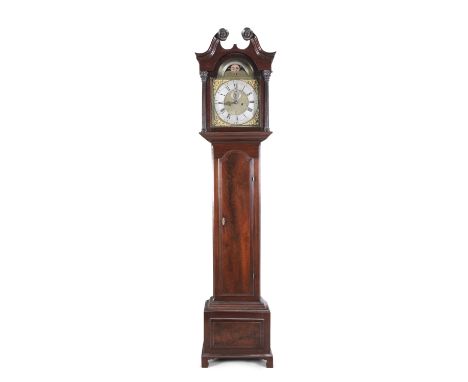 AN IRISH GEORGE III MAHOGANY LONG CASE CLOCK by Alex Gordon of Dublin, the detachable hood with broken pediment terminating i