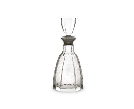 A CONTINENTAL .800 STANDARD SILVER AND ENGRAVED GLASS DECANTER AND STOPPER, 19th Century, decorated with scrolling foliage an