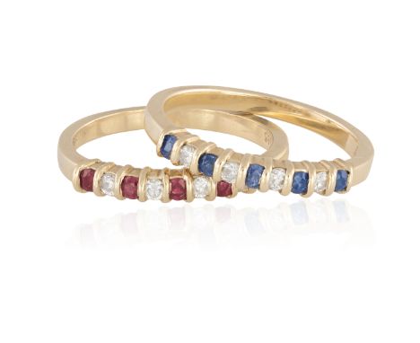 TWO GEM-SET RINGS, each composed of circular-cut rubies or sapphires, highlighted with similarly-cut diamonds, both mounted i