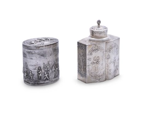 A 19TH CENTURY DUTCH SILVER TEA CADDY AND COVER, bearing import marks .925, chased and embossed with couples in a romantic ga