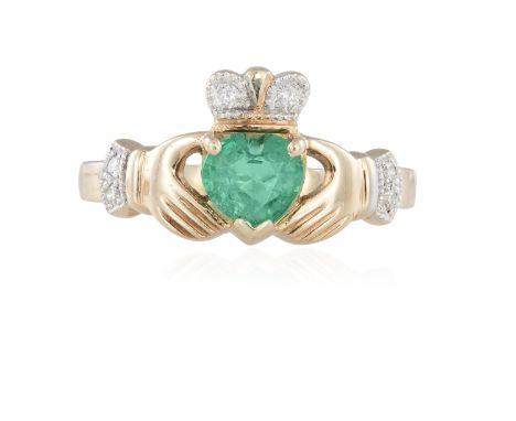 A CLADDAGH RING, composed of a heart-shaped emerald highlighted with single-cut diamonds, mounted in 14K gold, ring size K¼