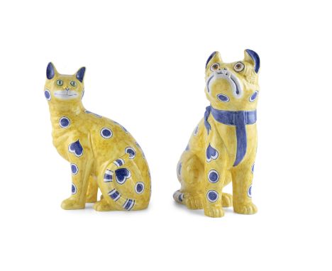 A PAIR OF CONTEMPORARY ITALIAN PAINTED CERAMIC MODELS OF AN ORIENTAL CAT AND DOG, each sitting on their hind legs, painted in