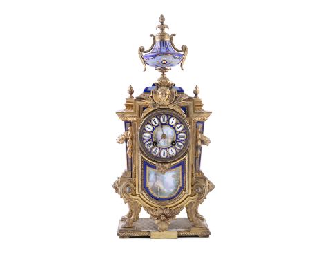 A FRENCH GILT METAL AND ORMOLU MOUNTED MANTLE CLOCK, 19th century, of classical design, surmounted with a blue ground porcela