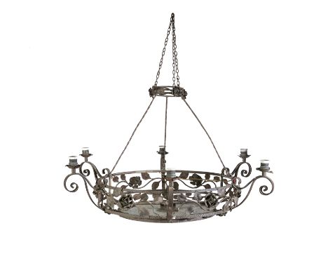A 19TH CENTURY WROUGTH IRON CEILING LIGHT, of circular form, the basket hung from three interlinked chains, and formed as lea