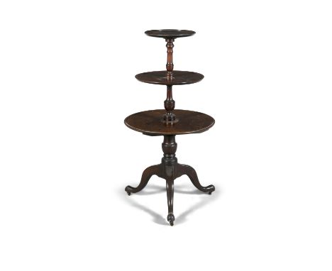 A GEORGE III MAHOGANY CIRCULAR GRADUATED DUMB WAITER, on turned centre pillar and tripod base