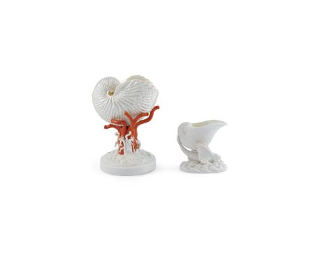 A BELLEEK CORAL AND NAUTILIUS SHELL VASE, first period (1863-91), covered in lustre, orange and red tones on a naturalistic c