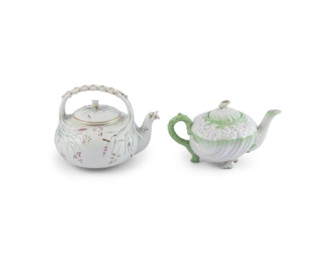 A BELLEEK FIRST PERIOD GRASS PATTERN TEAPOT, (1863 - 1891), 17cm high; together with a green and white second period tridacna
