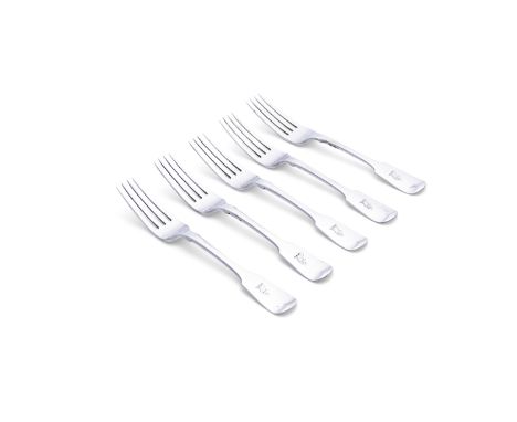 A SET OF FIVE VICTORIAN SILVER FIDDLE PATTERN FORK, Edinburgh c.1841, maker's mark of Robert Gray, each with rams head crest 