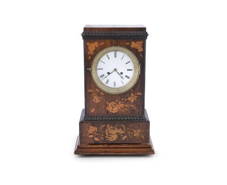 A DUTCH ROSEWOOD AND MARQUETRY INLAID MANTLE CLOCK, 19th century, of upright rectangular form, with white enamelled dial and 