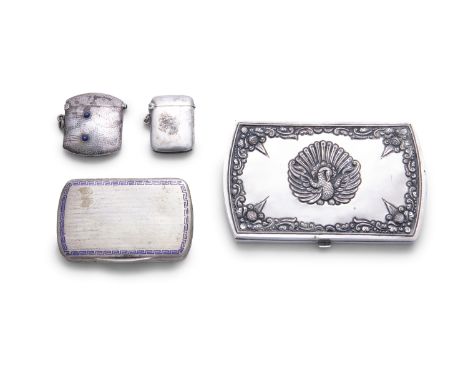 A WHITE METAL CIGARETTE BOX, 19th Century, of oblong form, decorated with a peacock, the opposing side decorated with a map o